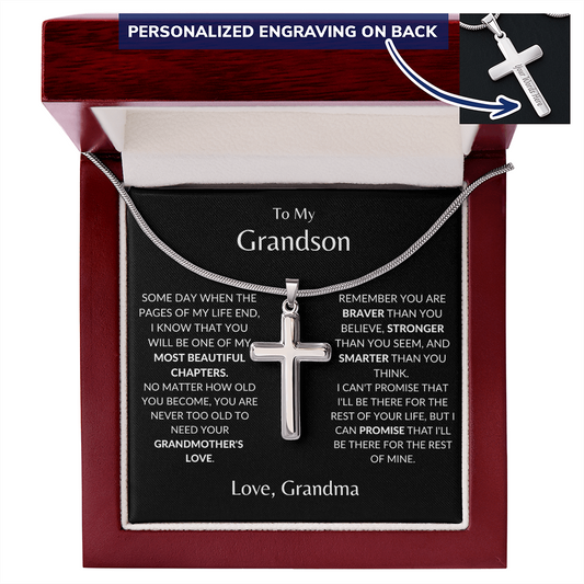 To My Grandson Love Grandma | Cross With Engraving