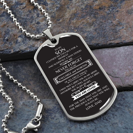 To My Son From Dad | Black & White Dog Tag With Ball Chain Necklace