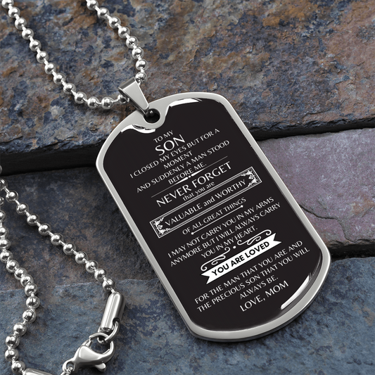 To My Son From Mom | Black & White Dog Tag With Ball Chain Necklace